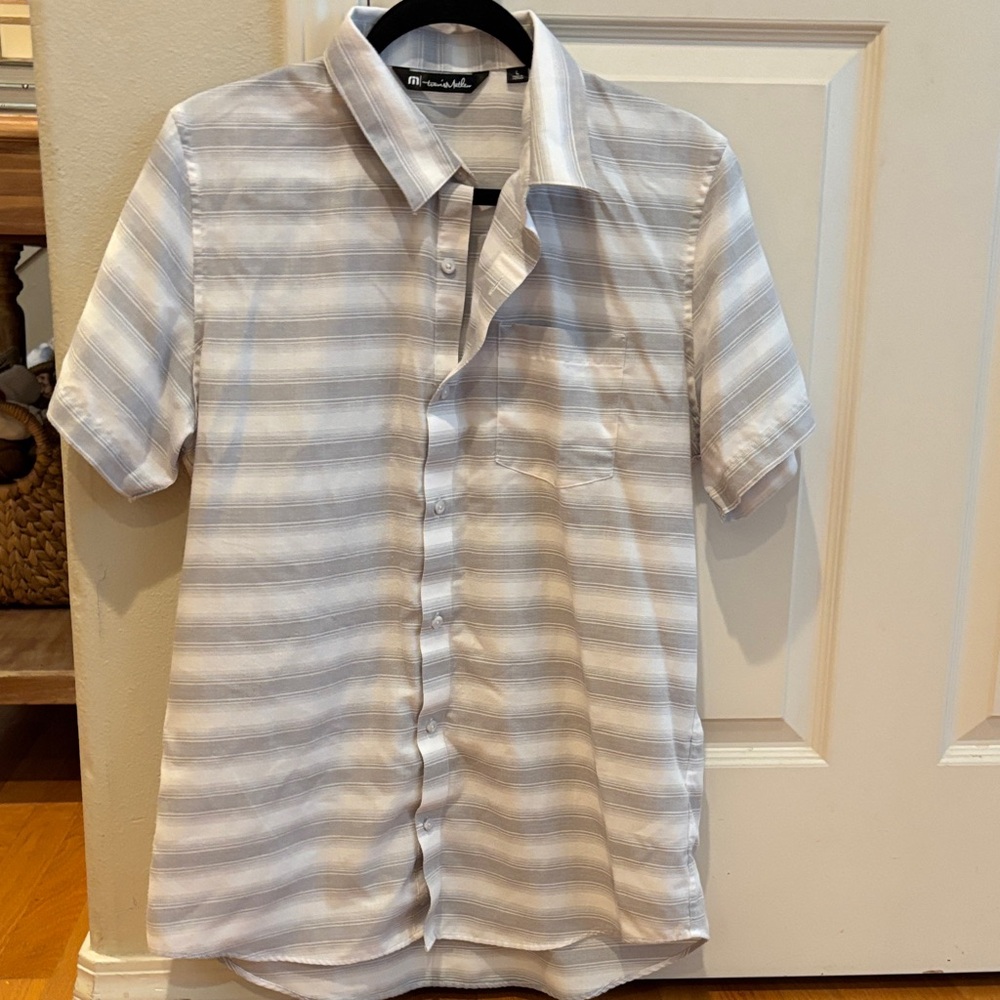 Travis Mathew White and Light Gray Striped Short-Sleeve Button-Down Shirt